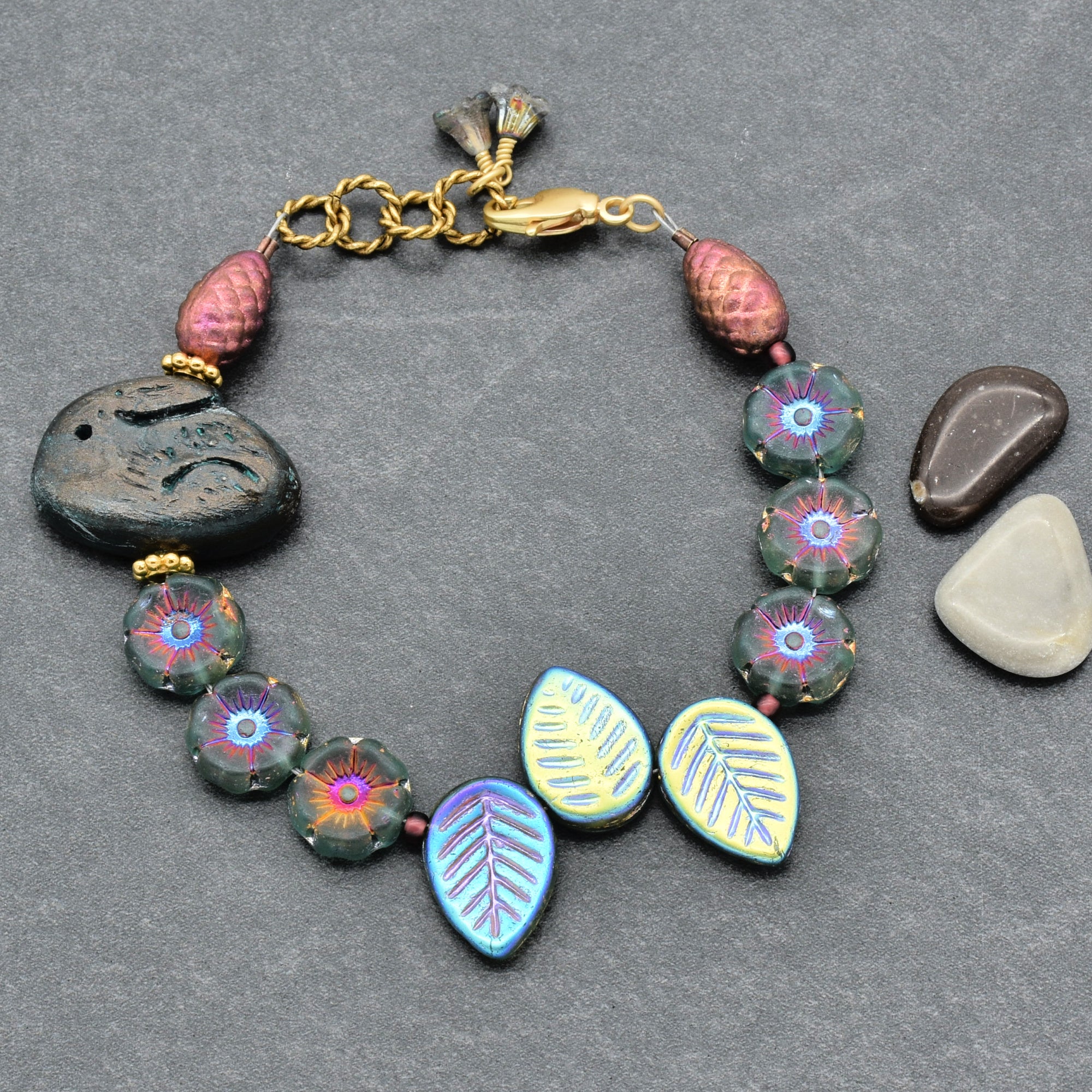 Handmade Beaded Bracelet - Blue Bunny, Artisan Rabbit Polymer Clay and Czech Glass