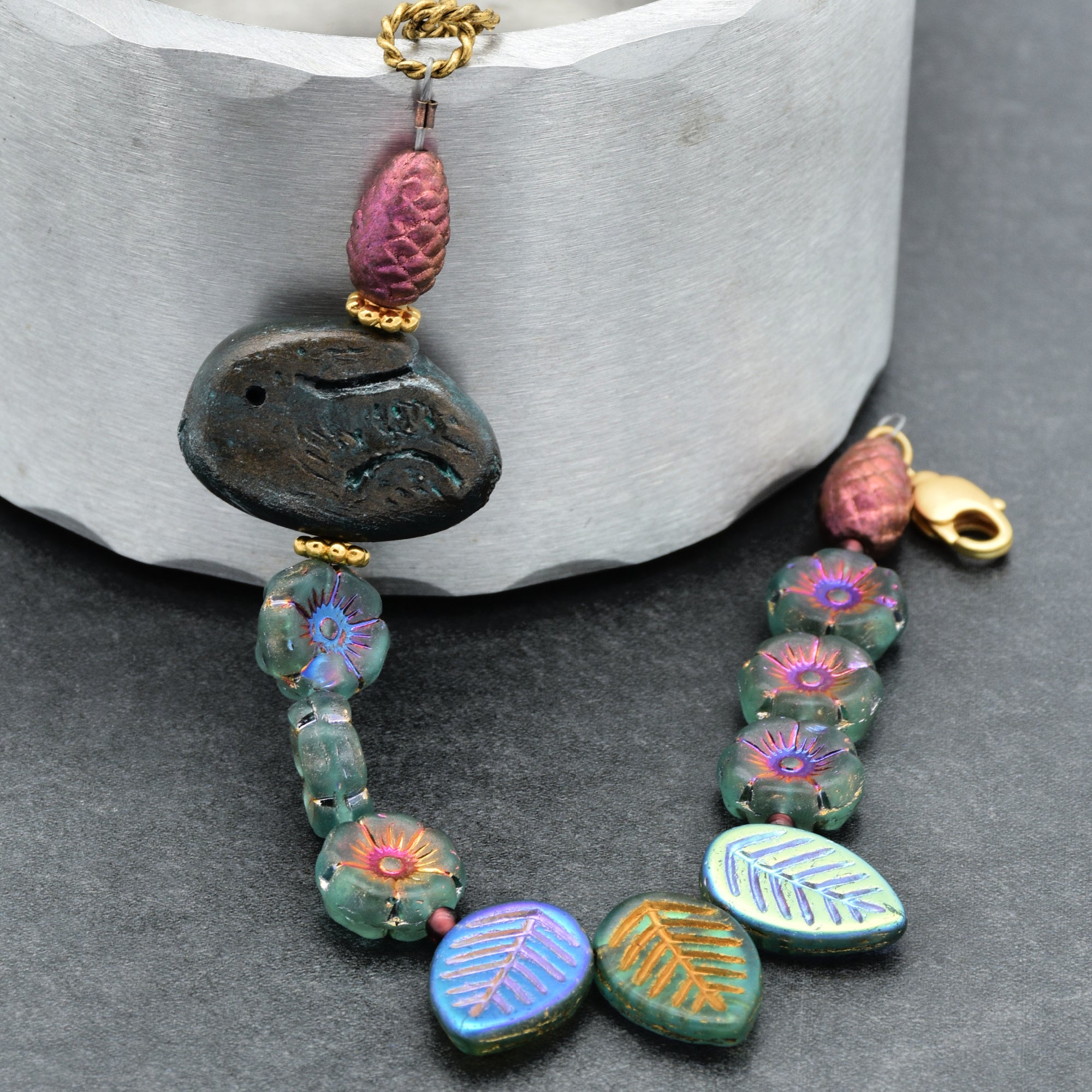 Handmade Beaded Bracelet - Blue Bunny, Artisan Rabbit Polymer Clay and Czech Glass