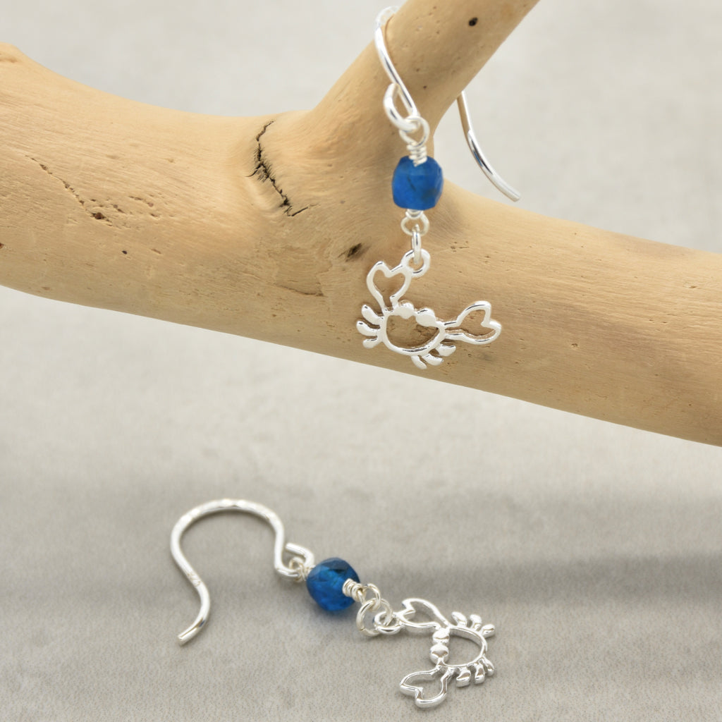 Sterling silver dangle earrings with crab charms, apatite, and silver ear wires on a branch - handmade with love by Ruby Acorn