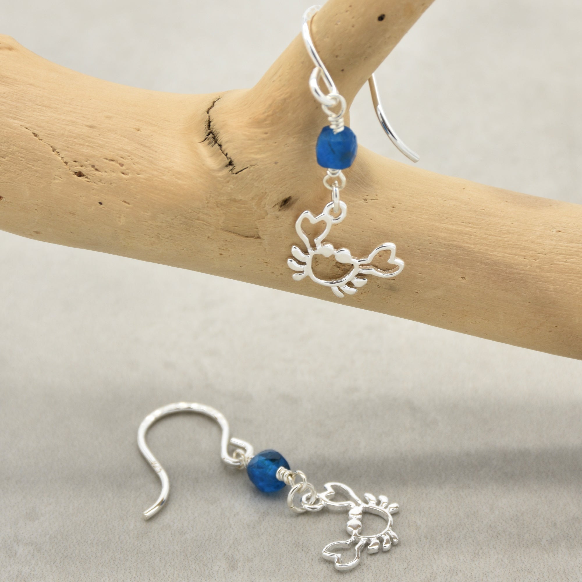 Sterling silver dangle earrings with crab charms, apatite, and silver ear wires on a branch - handmade with love by Ruby Acorn