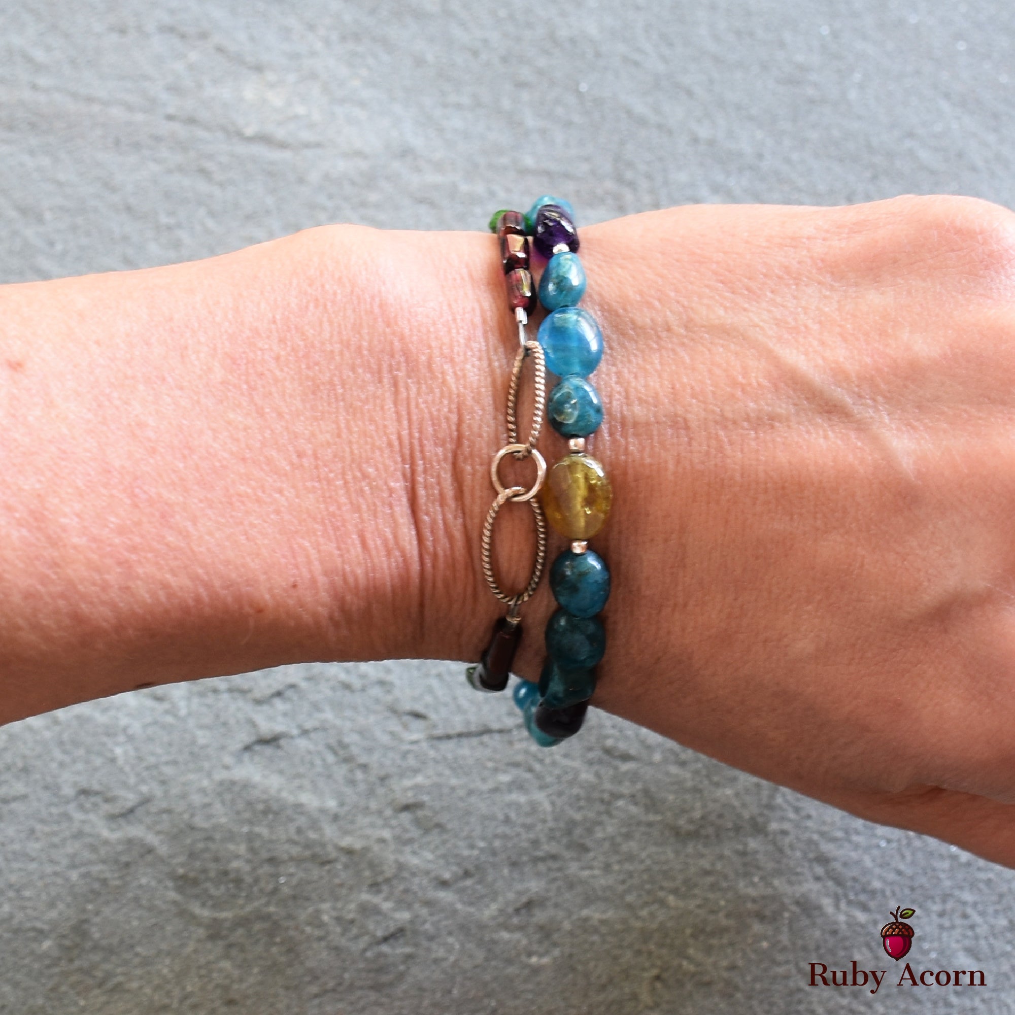 Blue Jean Baby Handmade Double Strand Beaded Bracelet with Apatite, Red and Green Garnet, Amethyst