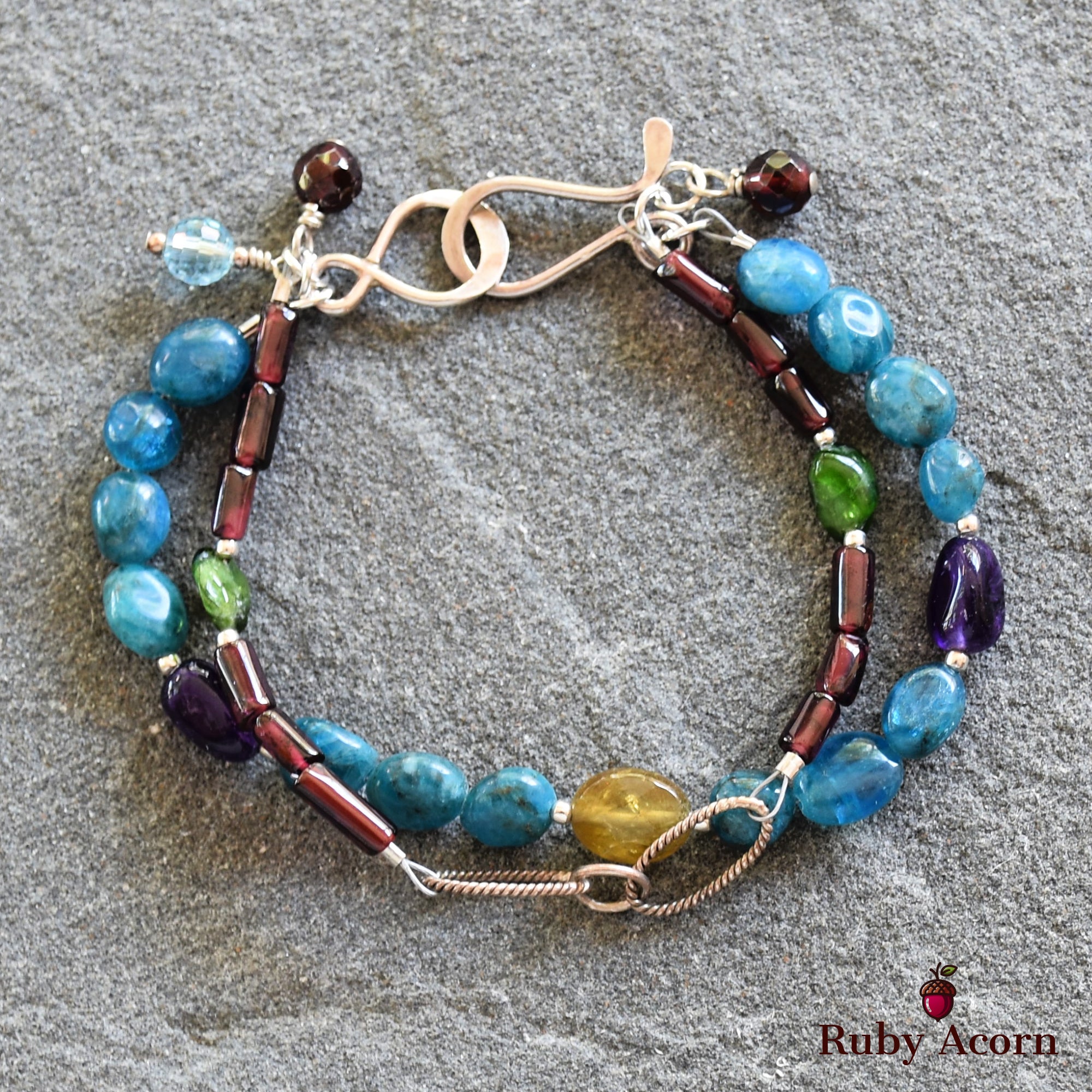 Blue Jean Baby Handmade Double Strand Beaded Bracelet with Apatite, Red and Green Garnet, Amethyst