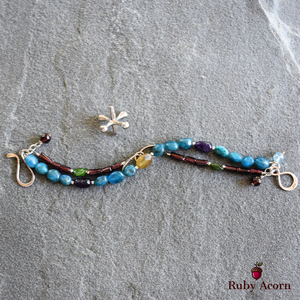 Blue Jean Baby Handmade Double Strand Beaded Bracelet with Apatite, Red and Green Garnet, Amethyst