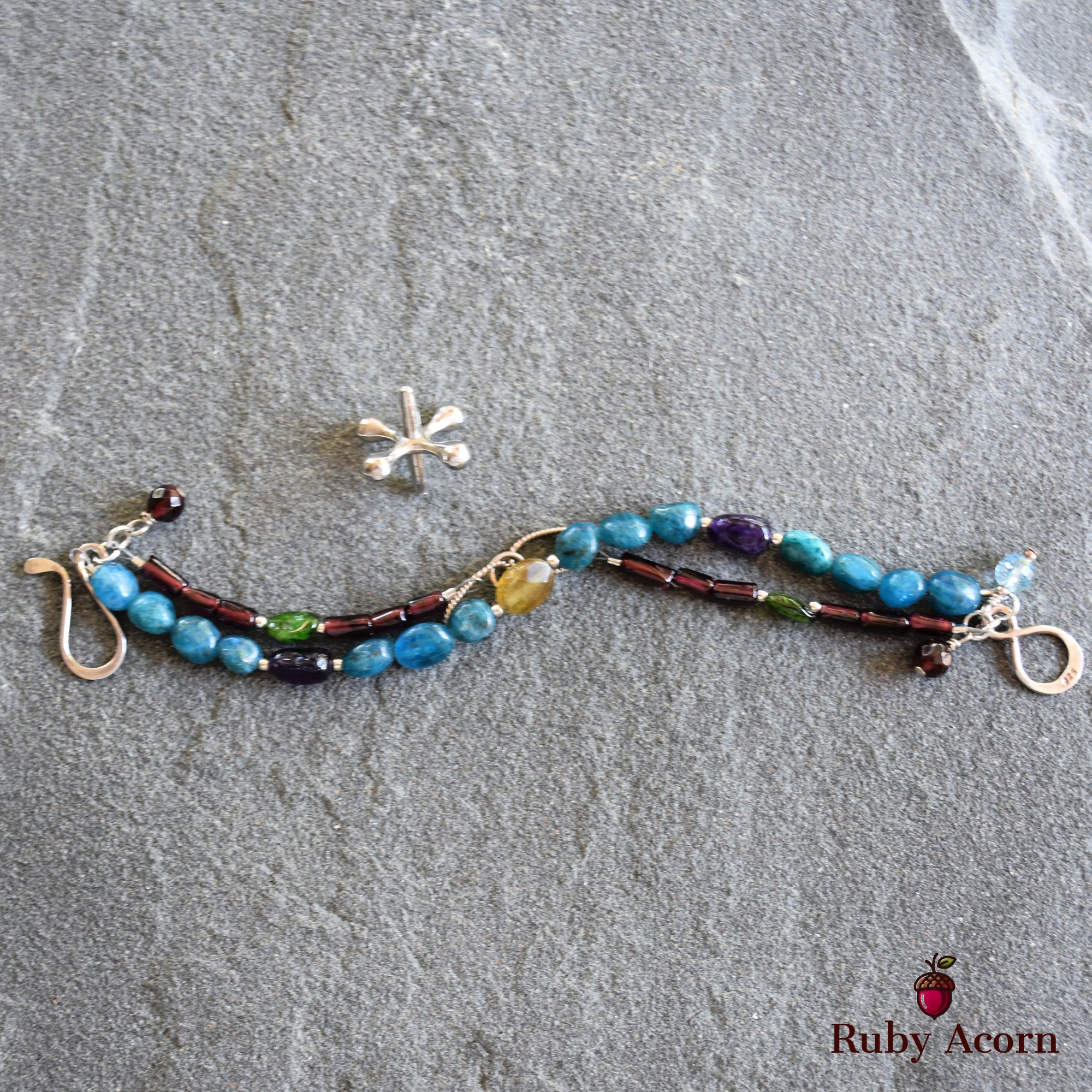 Blue Jean Baby Handmade Double Strand Beaded Bracelet with Apatite, Red and Green Garnet, Amethyst