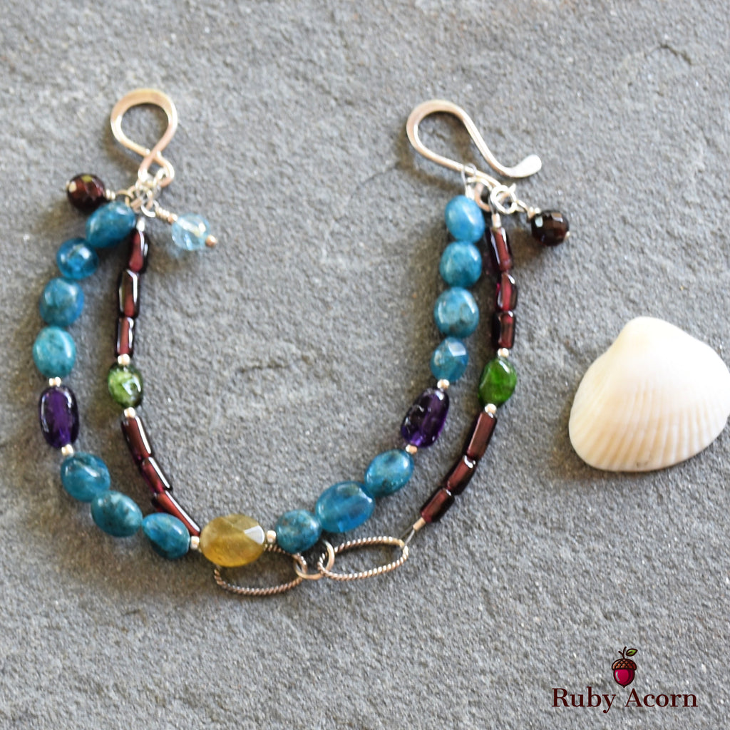 Blue Jean Baby Handmade Double Strand Beaded Bracelet with Apatite, Red and Green Garnet, Amethyst