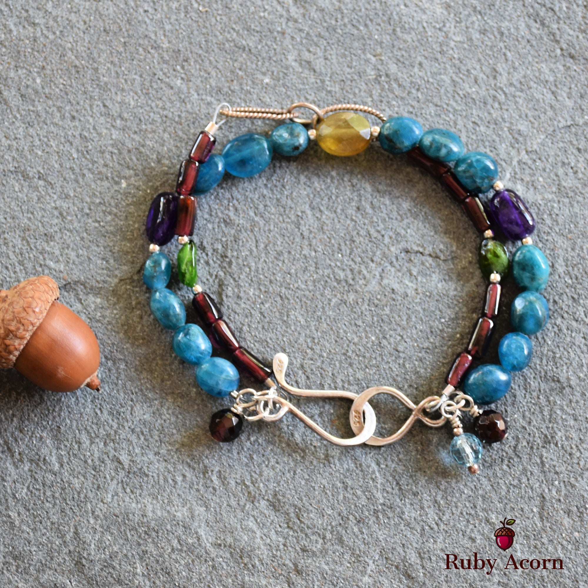 Blue Jean Baby Handmade Double Strand Beaded Bracelet with Apatite, Red and Green Garnet, Amethyst