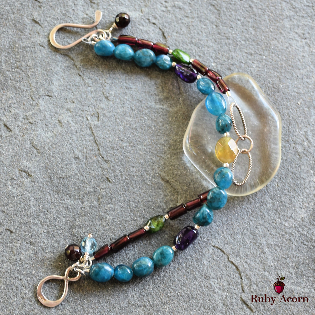 Blue Jean Baby Handmade Double Strand Beaded Bracelet with Apatite, Red and Green Garnet, Amethyst