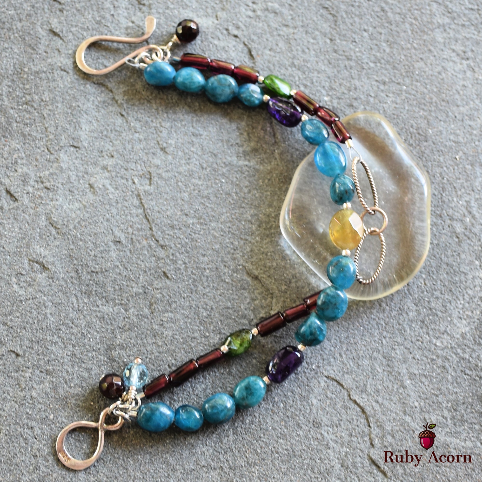 Blue Jean Baby Handmade Double Strand Beaded Bracelet with Apatite, Red and Green Garnet, Amethyst