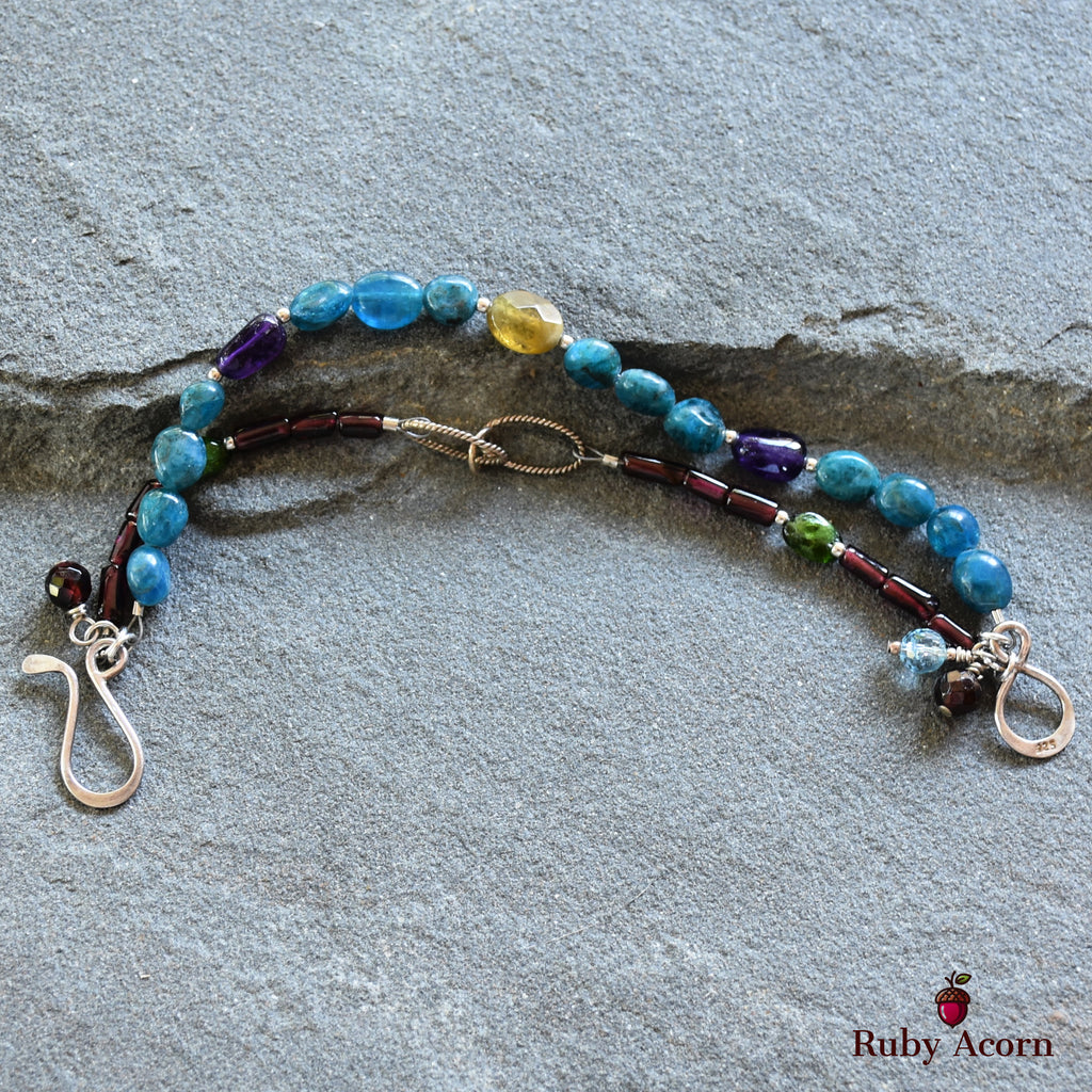 Blue Jean Baby Handmade Double Strand Beaded Bracelet with Apatite, Red and Green Garnet, Amethyst