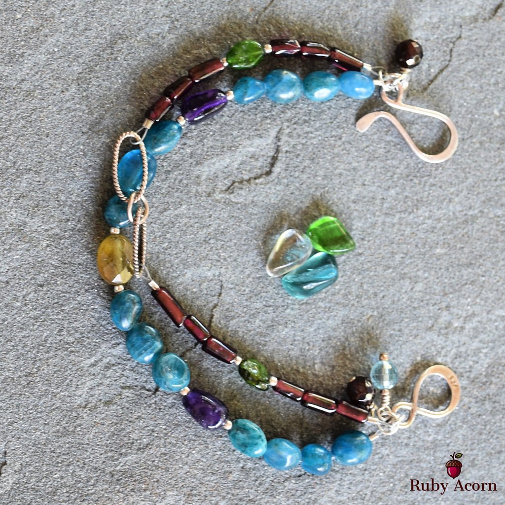Blue Jean Baby Handmade Double Strand Beaded Bracelet with Apatite, Red and Green Garnet, Amethyst