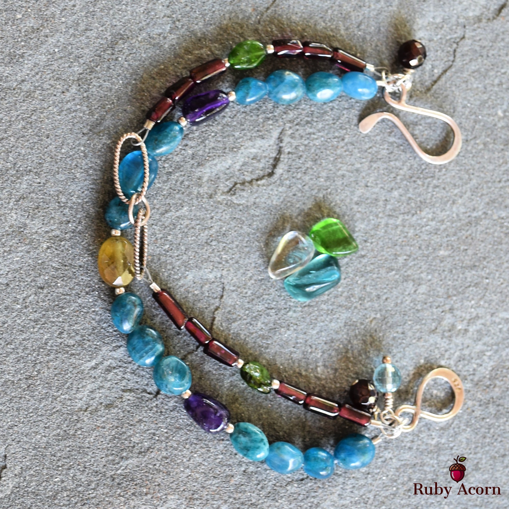 Blue Jean Baby Handmade Double Strand Beaded Bracelet with Apatite, Red and Green Garnet, Amethyst