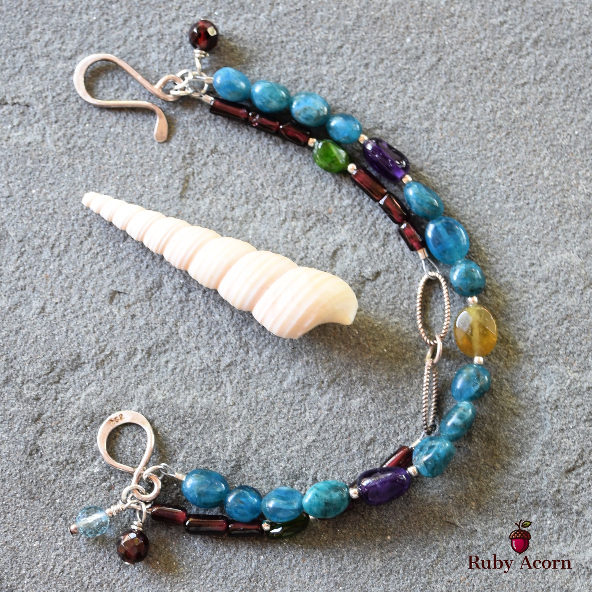 Blue Jean Baby Handmade Double Strand Beaded Bracelet with Apatite, Red and Green Garnet, Amethyst