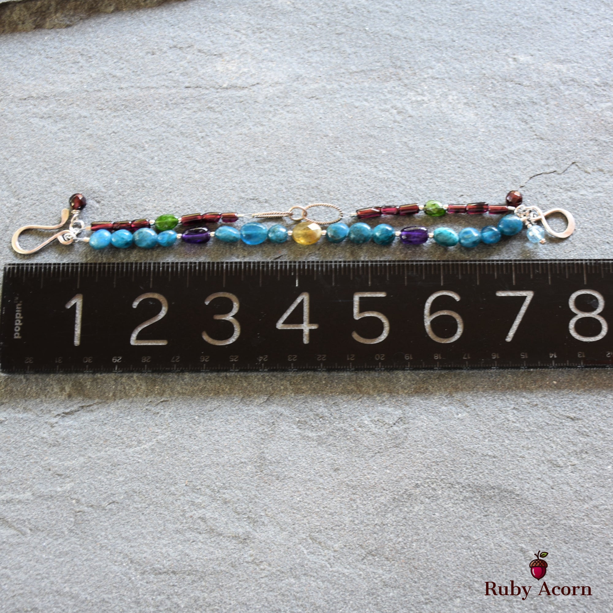 Blue Jean Baby Handmade Double Strand Beaded Bracelet with Apatite, Red and Green Garnet, Amethyst