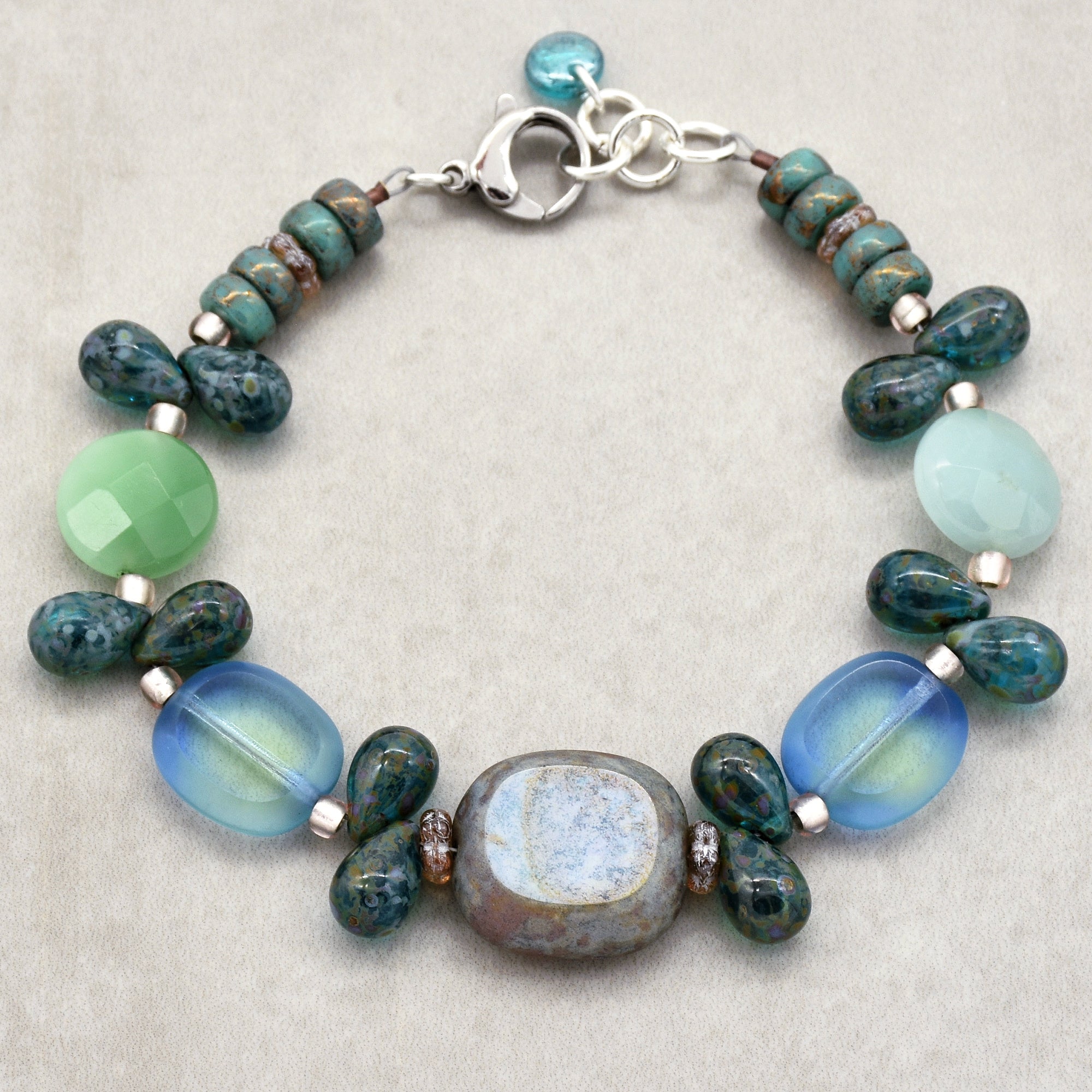 Blue Skies Handmade Beaded Bracelet with Czech Glass, Rainbow Amazonite and Stainless Steel