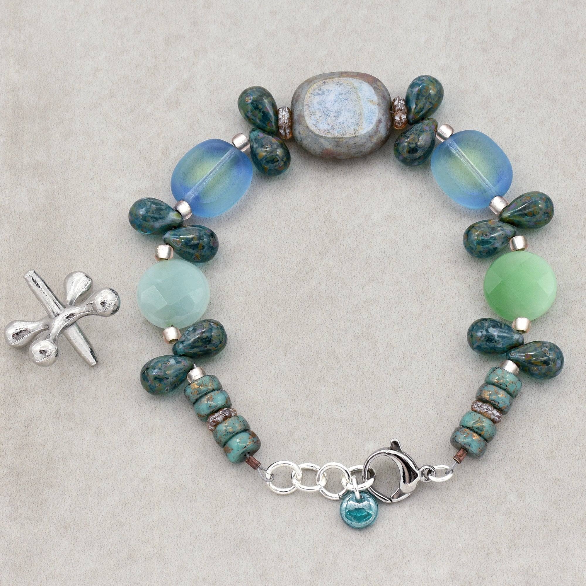 Blue Skies Handmade Beaded Bracelet with Czech Glass, Rainbow Amazonite and Stainless Steel