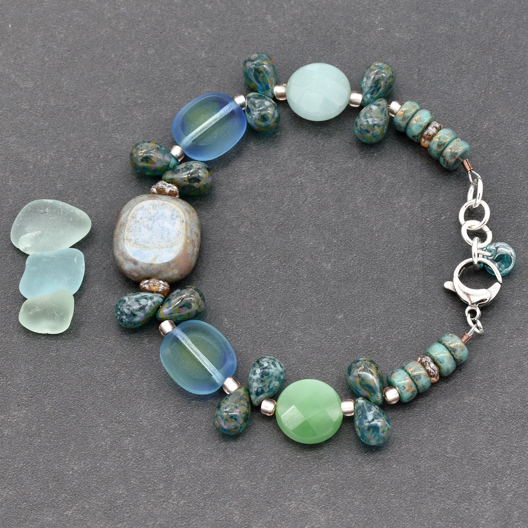 Blue Skies Handmade Beaded Bracelet with Czech Glass, Rainbow Amazonite and Stainless Steel