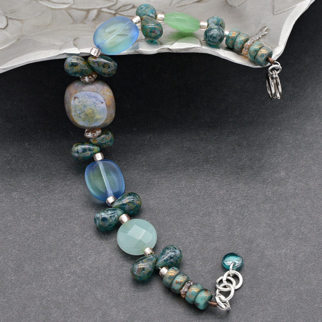 Blue Skies Handmade Beaded Bracelet with Czech Glass, Rainbow Amazonite and Stainless Steel