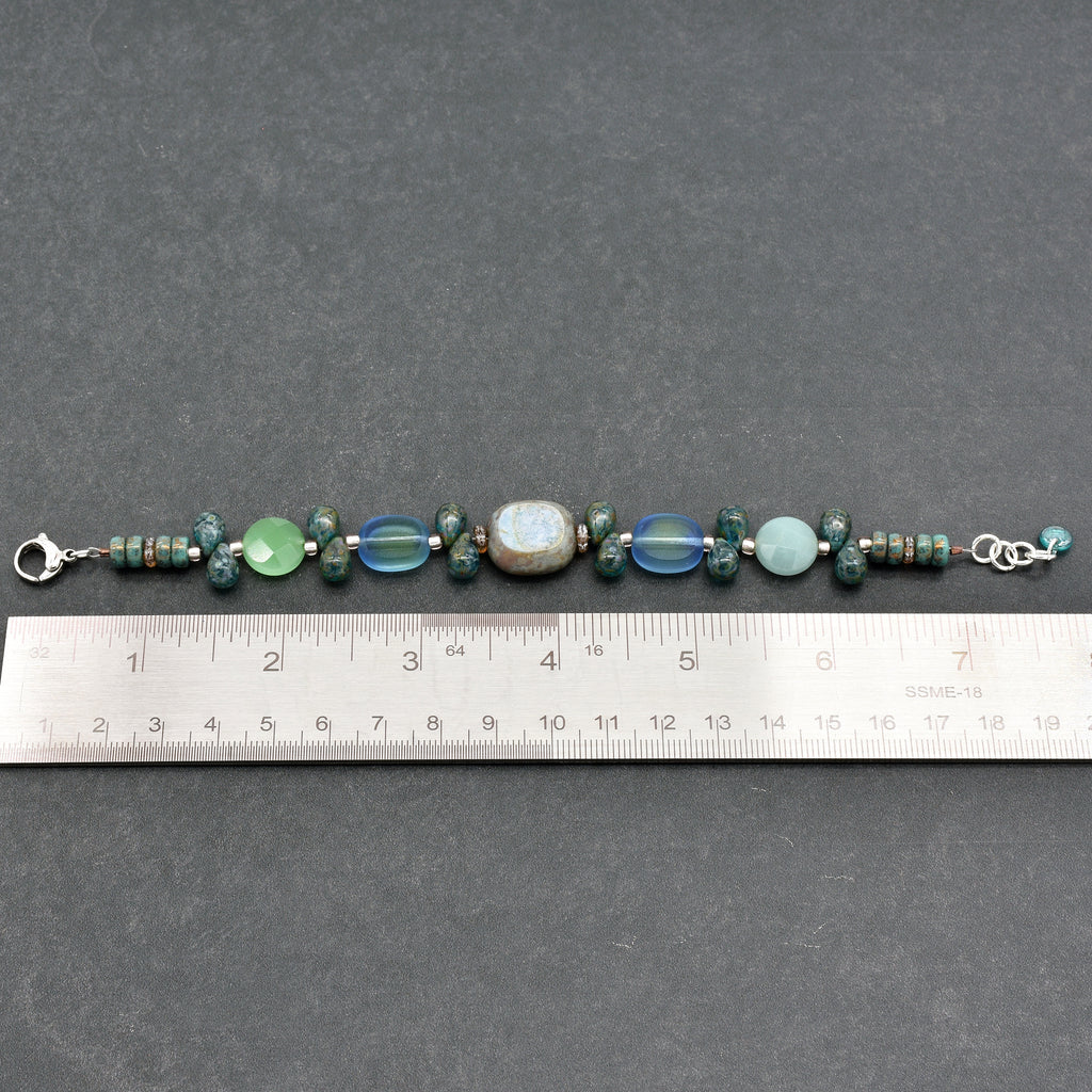 Blue Skies Handmade Beaded Bracelet with Czech Glass, Rainbow Amazonite and Stainless Steel