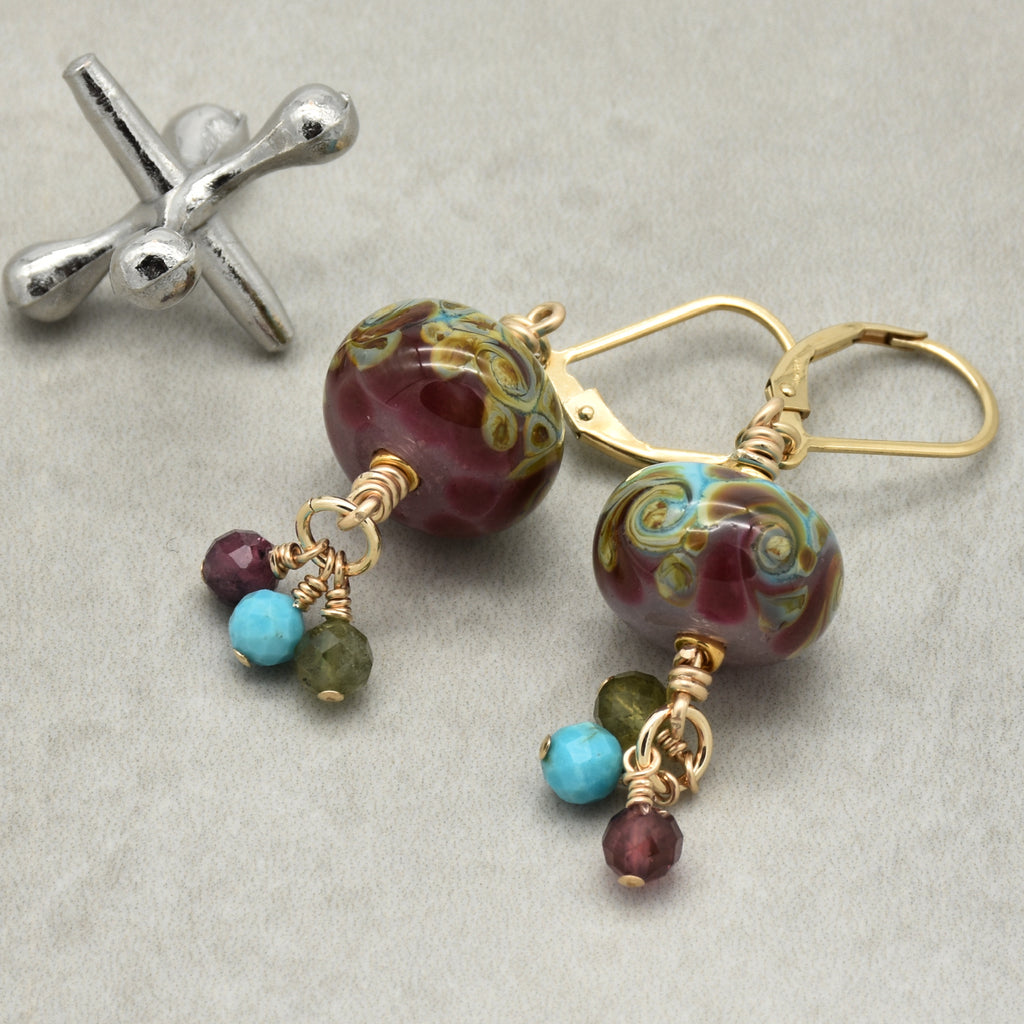 Colorful lampwork glass earrings with tourmaline and turquoise charms and gold filled ear wires