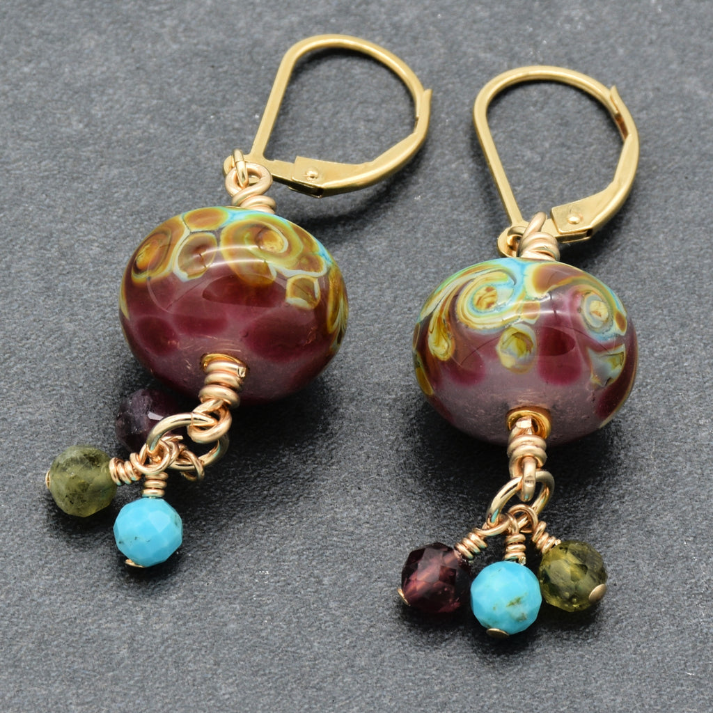 Colorful dangle earrings with gemstone  charms and gold filled lever back ear wires