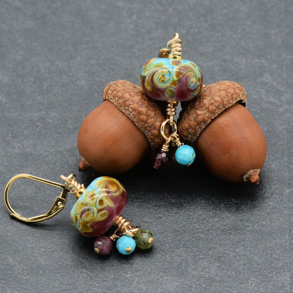 Colorful lampwork glass earrings with tourmaline and turquoise charms and gold filled ear wires