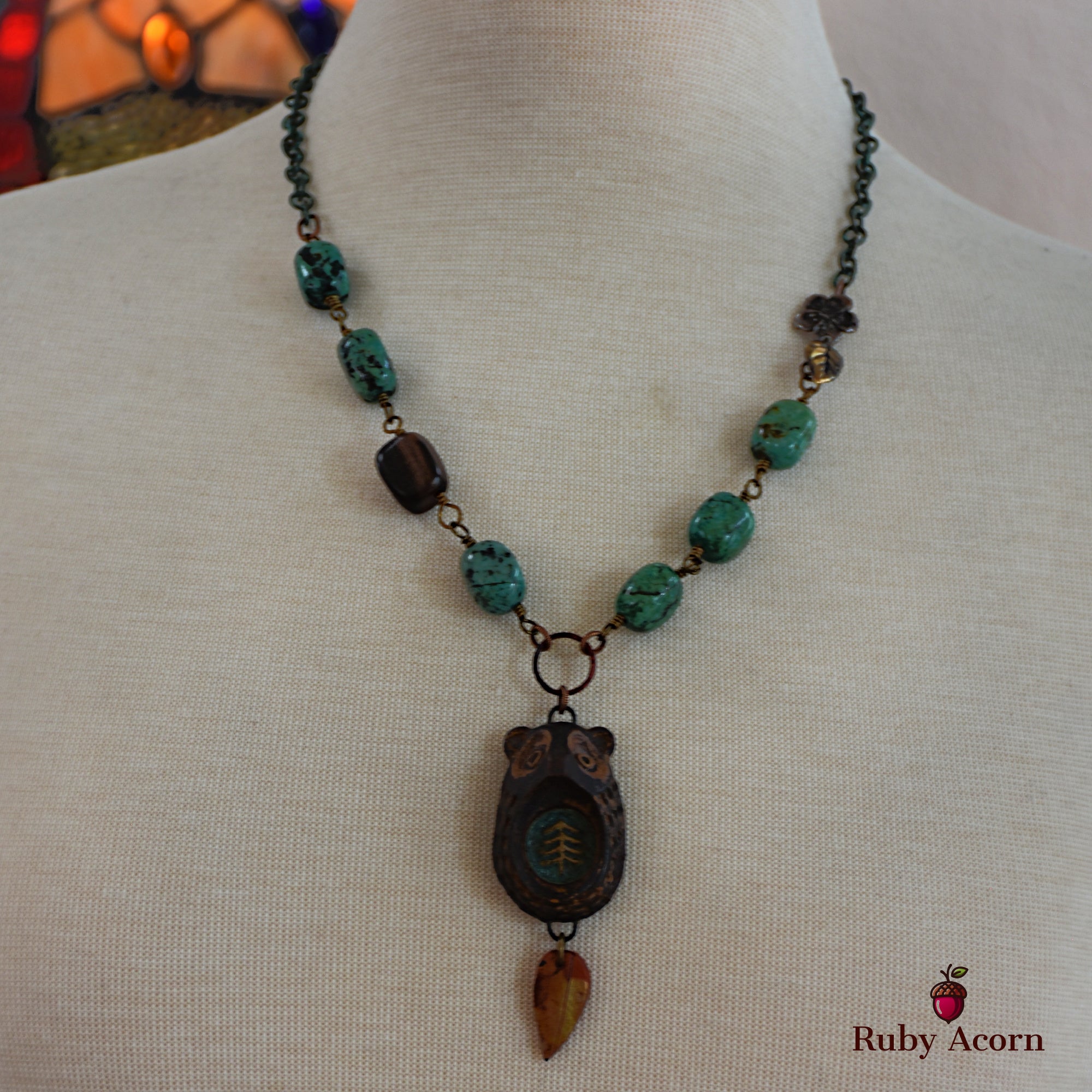 Brown Bear Handmade Beaded Necklace with Artisan Ceramic Focal, African Turquoise Nuggets, Natural Wood
