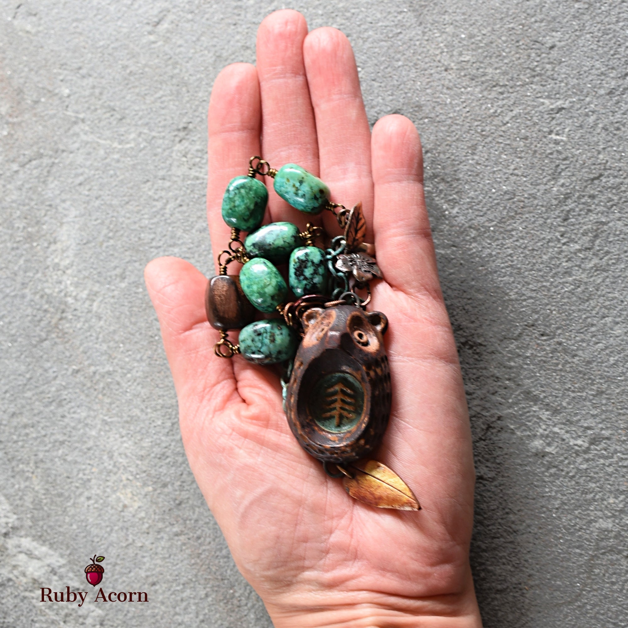 Brown Bear Handmade Beaded Necklace with Artisan Ceramic Focal, African Turquoise Nuggets, Natural Wood