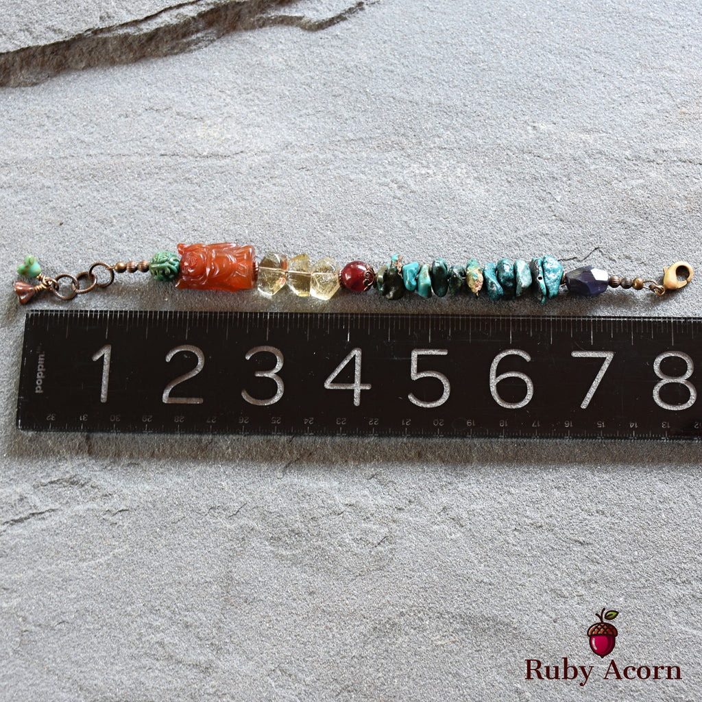 Buddha Handmade Beaded Bracelet with Carved Carnelian Buddha, Turquoise, Citrine, Iolite, Ruby Quartz