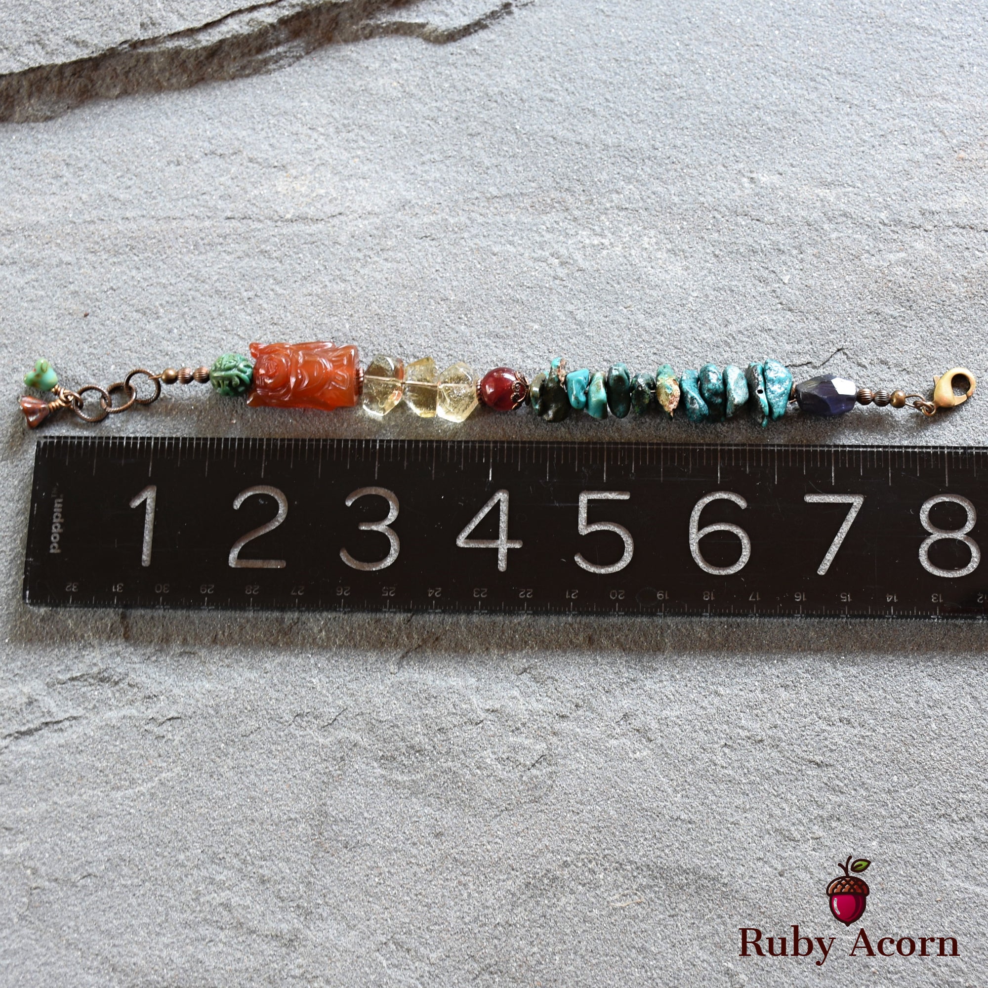 Buddha Handmade Beaded Bracelet with Carved Carnelian Buddha, Turquoise, Citrine, Iolite, Ruby Quartz