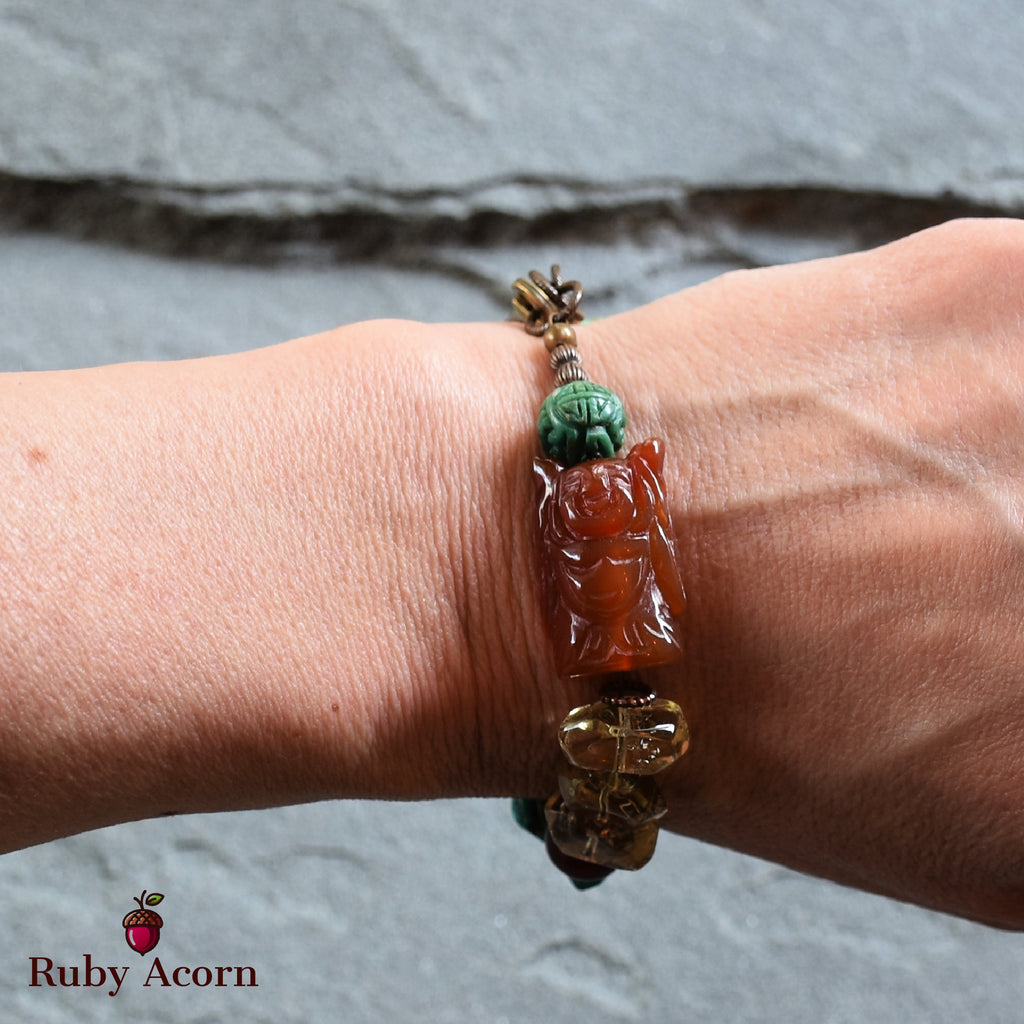 Buddha Handmade Beaded Bracelet with Carved Carnelian Buddha, Turquoise, Citrine, Iolite, Ruby Quartz