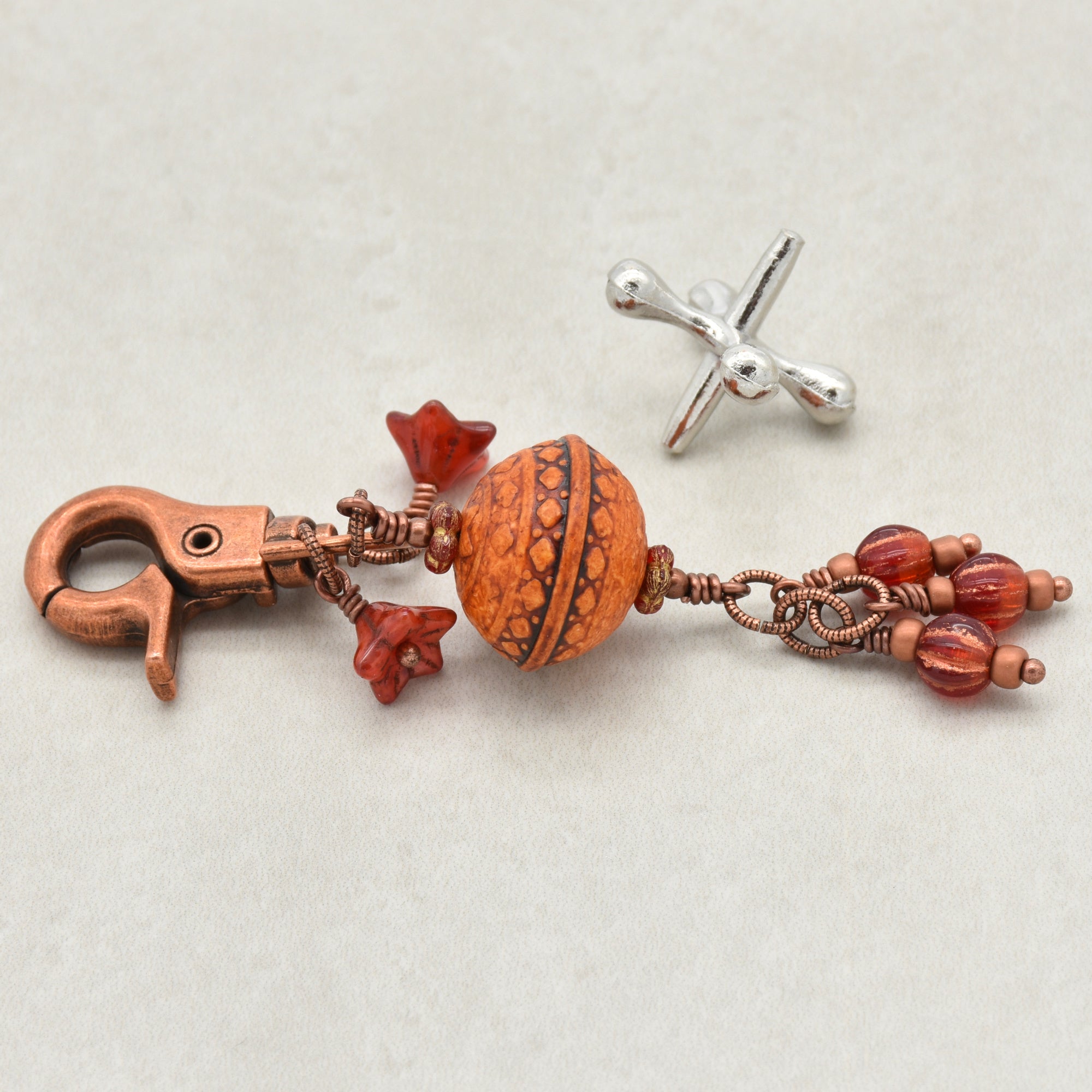 Chili Pepper red handbag charm with colorful charms and copper swivel lobster claw on a light background - handmade with love by Ruby Acorn