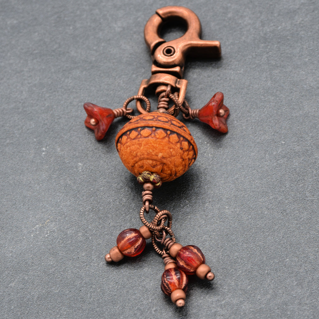 Chili Pepper red handbag charm with colorful charms and copper swivel lobster claw on a gray background - handmade with love by Ruby Acorn