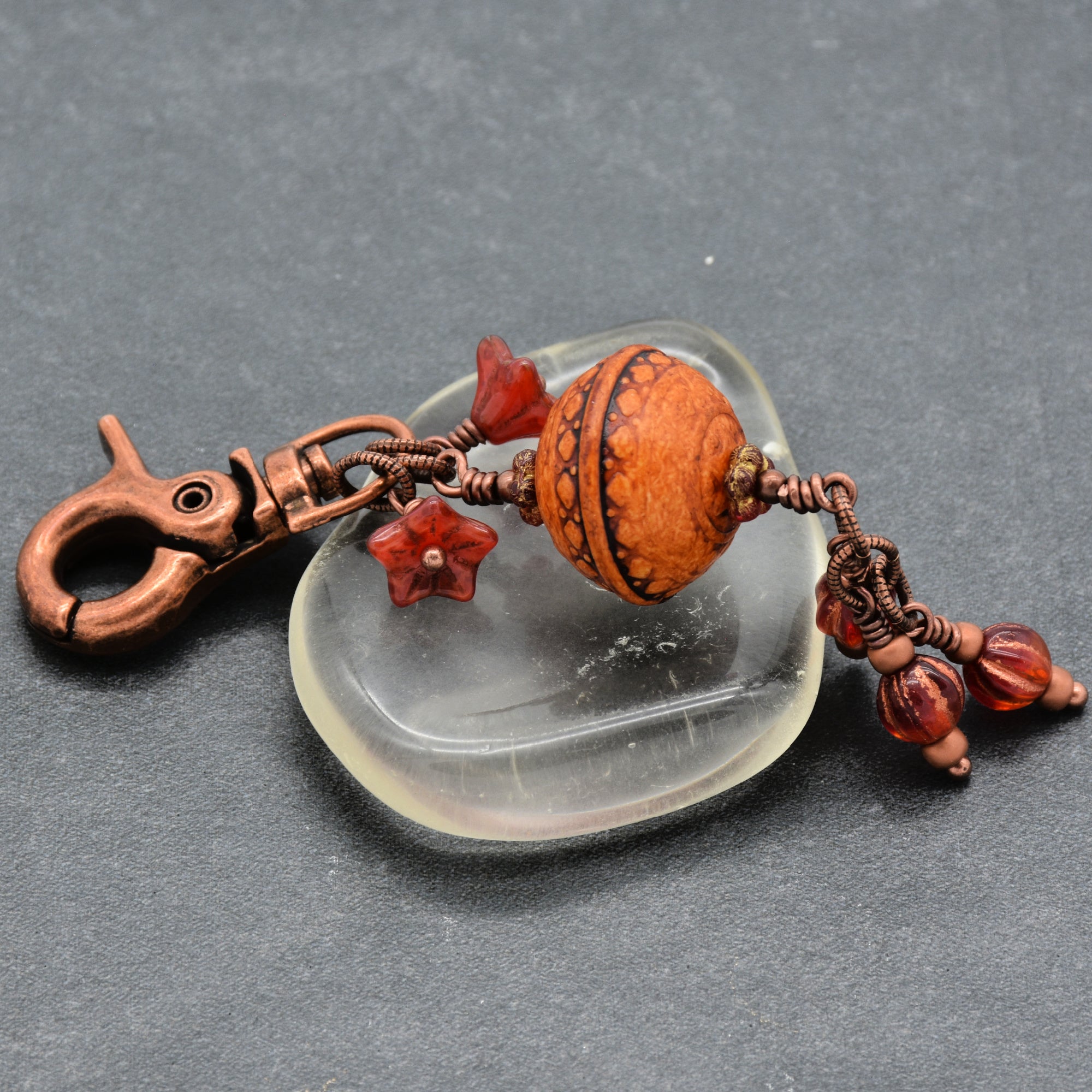 Chili Pepper red handbag charm with colorful charms and copper swivel lobster claw on a gray background - handmade with love by Ruby Acorn