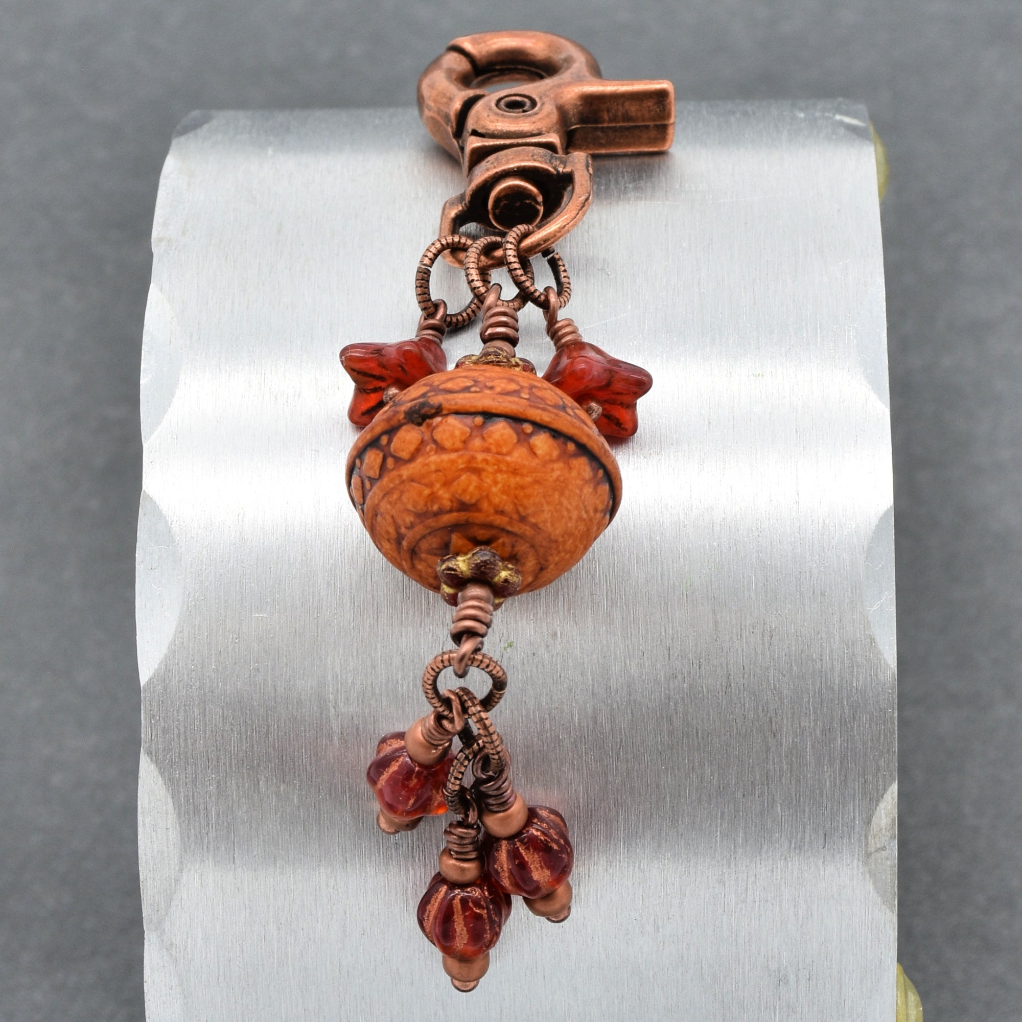 Chili Pepper red handbag charm with colorful charms and copper swivel lobster claw on a silver background - handmade with love by Ruby Acorn