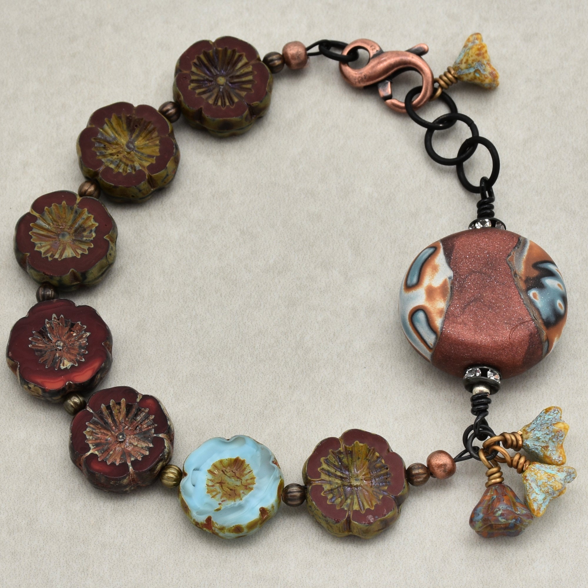 Chocolate Cherry Moon Handmade Beaded Bracelet with Artisan Polymer Clay Focal and Czech Glass Flowers