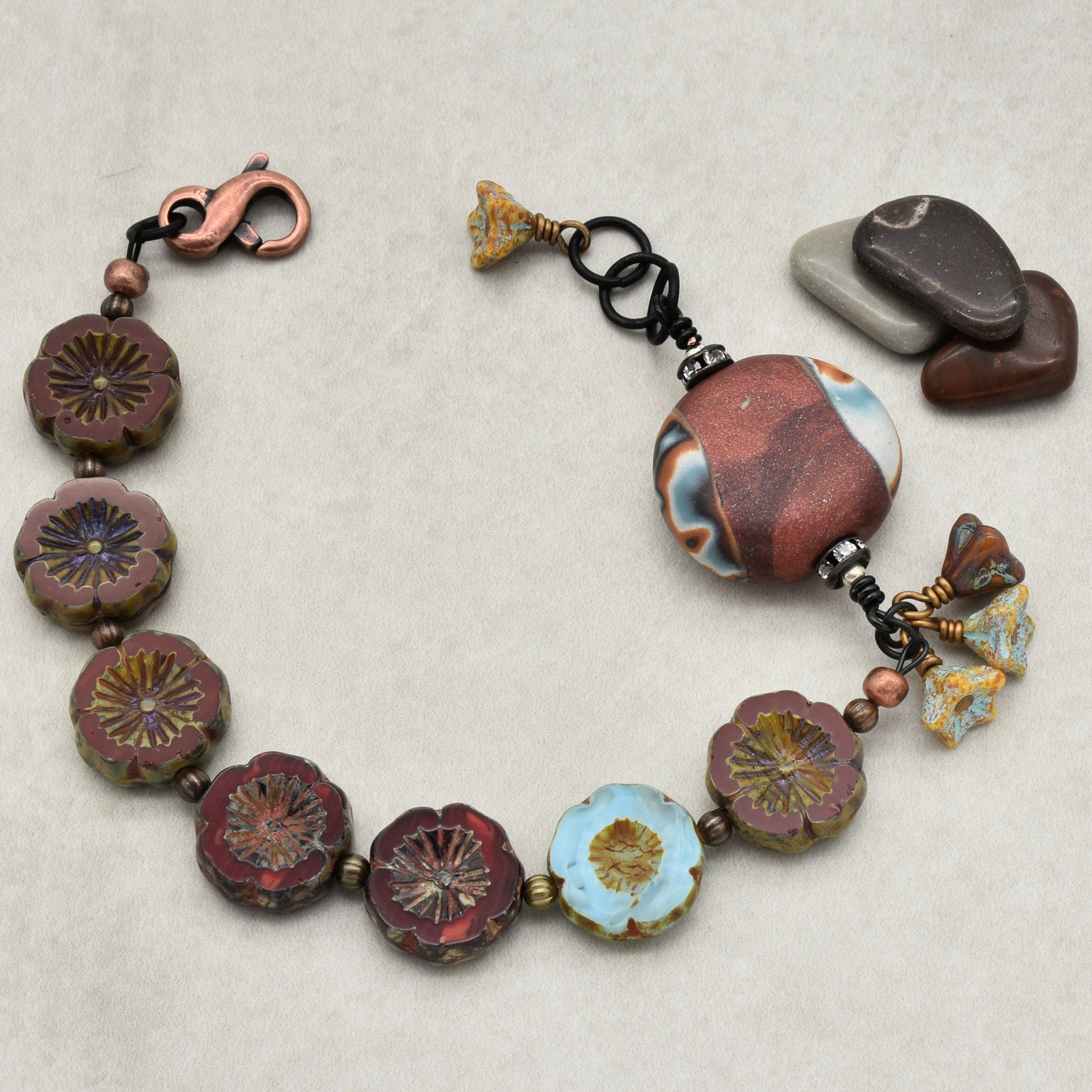 Chocolate Cherry Moon Handmade Beaded Bracelet with Artisan Polymer Clay Focal and Czech Glass Flowers