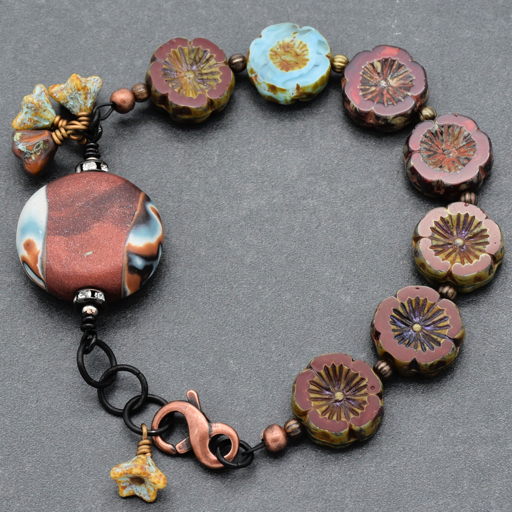 Chocolate Cherry Moon Handmade Beaded Bracelet with Artisan Polymer Clay Focal and Czech Glass Flowers