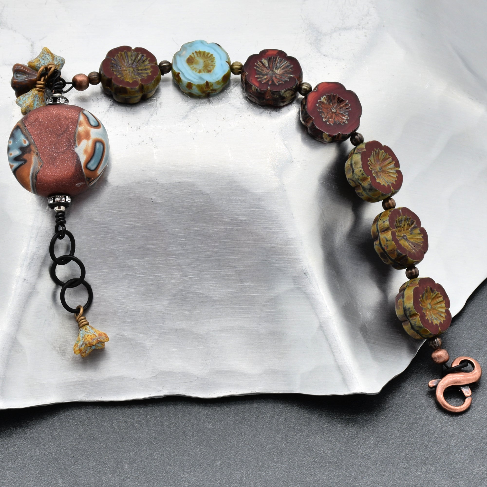 Chocolate Cherry Moon Handmade Beaded Bracelet with Artisan Polymer Clay Focal and Czech Glass Flowers