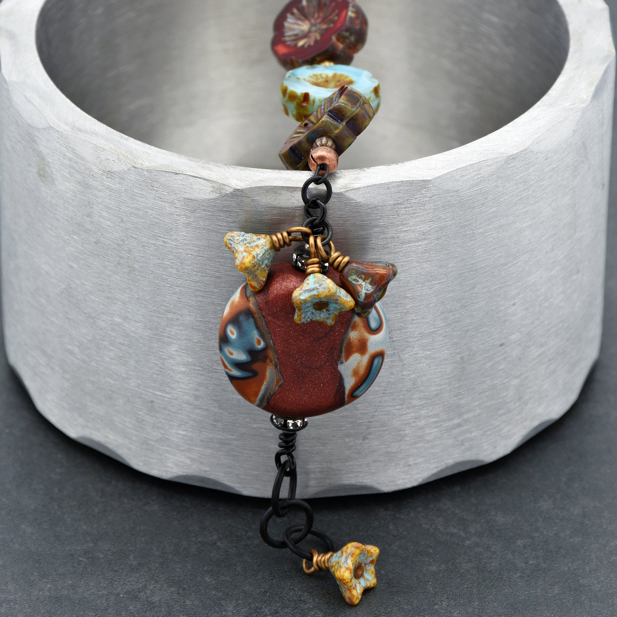 Chocolate Cherry Moon Handmade Beaded Bracelet with Artisan Polymer Clay Focal and Czech Glass Flowers
