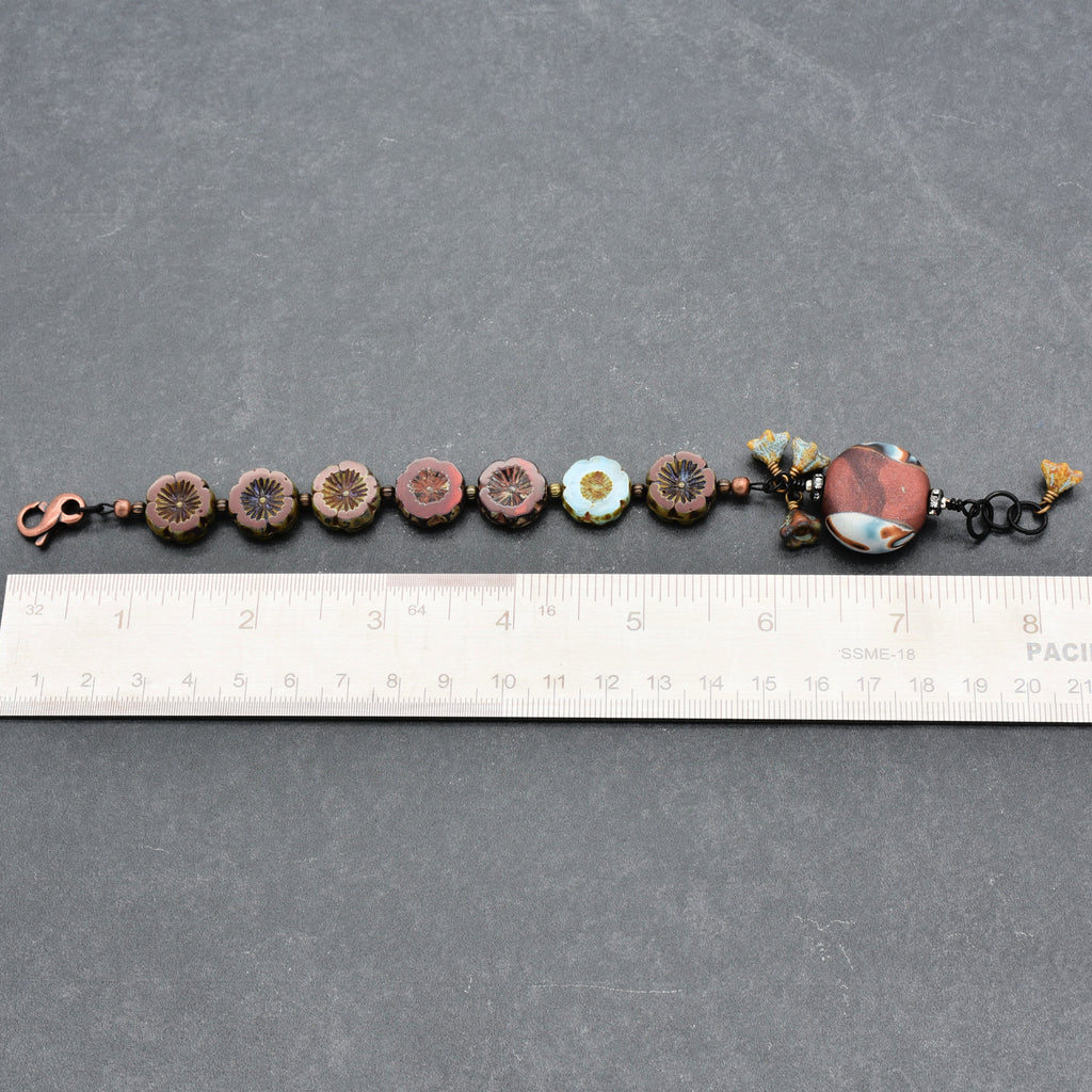 Chocolate Cherry Moon Handmade Beaded Bracelet with Artisan Polymer Clay Focal and Czech Glass Flowers