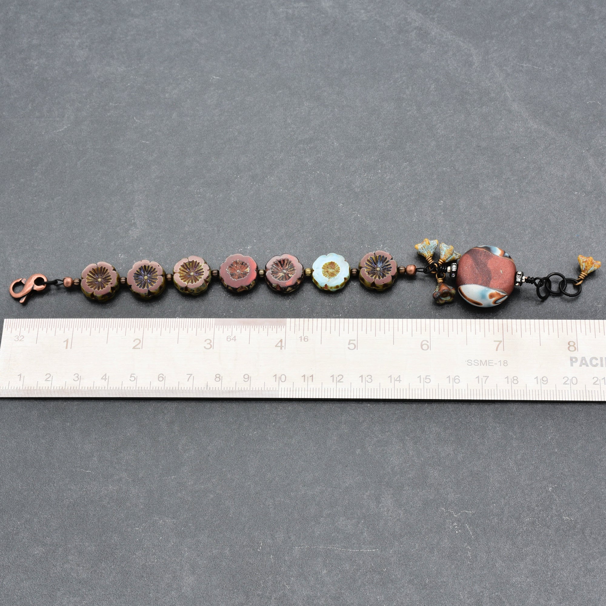 Chocolate Cherry Moon Handmade Beaded Bracelet with Artisan Polymer Clay Focal and Czech Glass Flowers