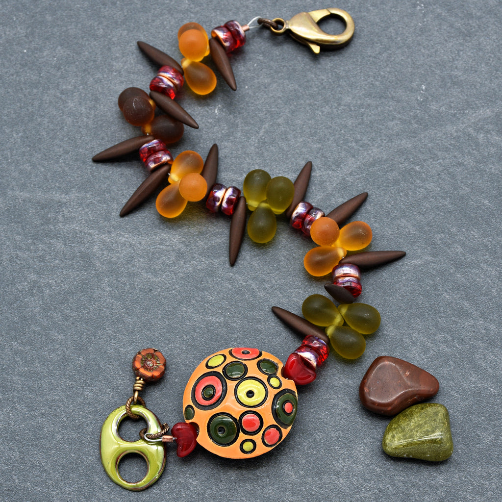 Circles and Spikes Handmade Beaded Bracelet with Artisan Ceramic Focal, Artisan Enameled Link and Czech Glass