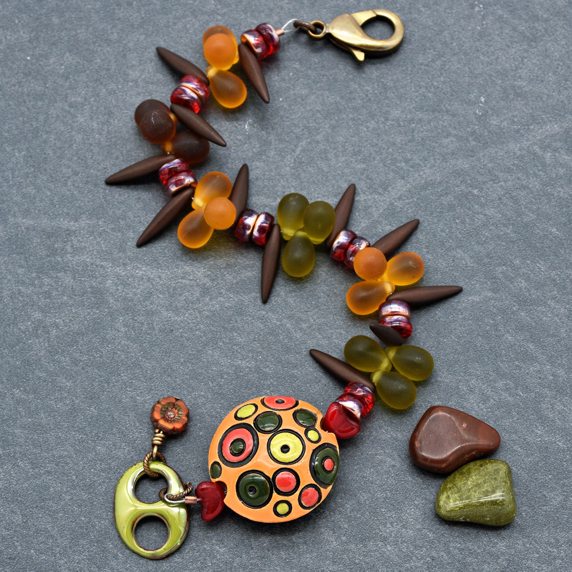 Circles and Spikes Handmade Beaded Bracelet with Artisan Ceramic Focal, Artisan Enameled Link and Czech Glass