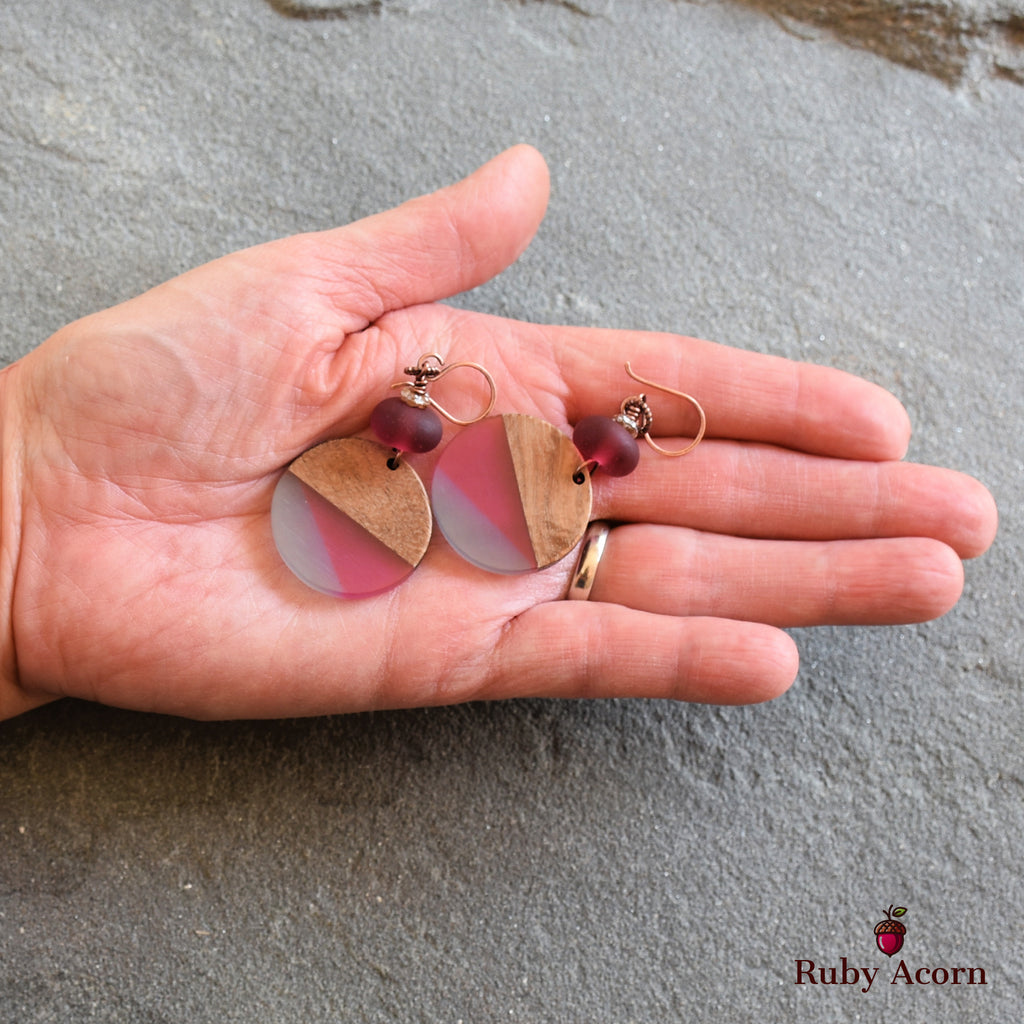 Cranberry Twist Handmade Dangle Earrings, Artisan Lampwork Glass, Wood Resin Charms.