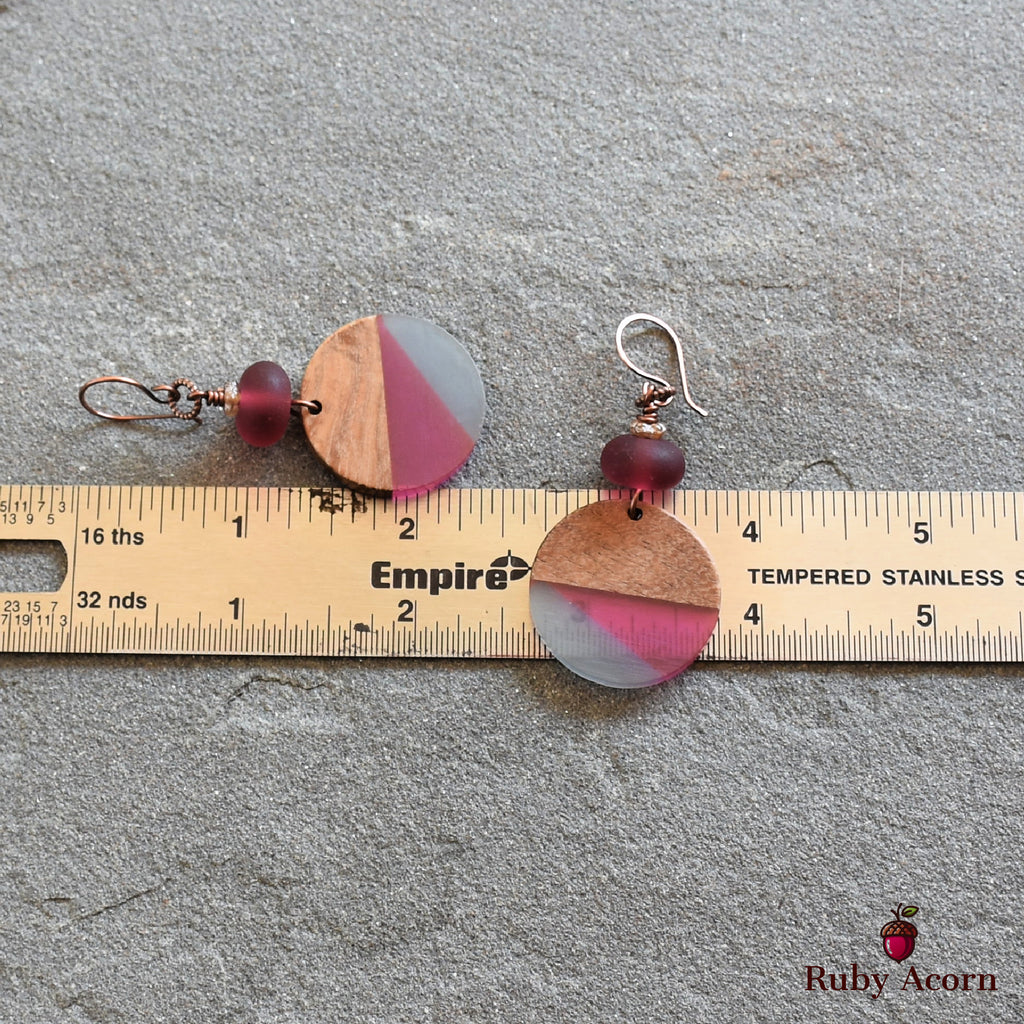 Cranberry Twist Handmade Dangle Earrings, Artisan Lampwork Glass, Wood Resin Charms.