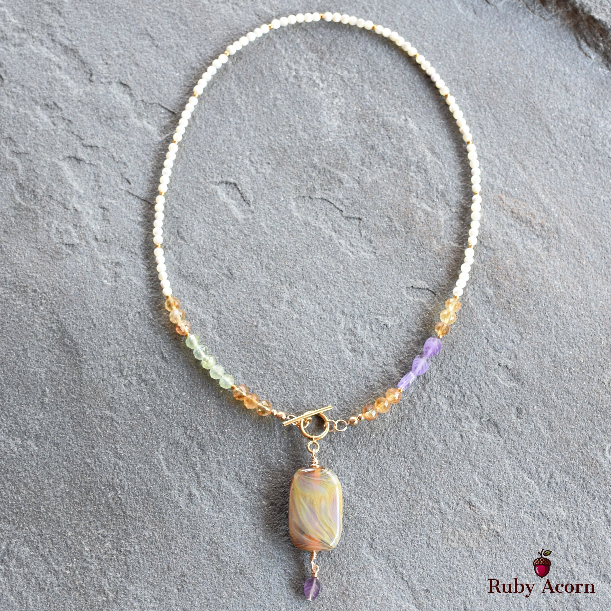 Aphrodite Handmade Beaded Necklace. Artisan Lampwork Glass, Citrine, Amethyst, Prehnite, Gold Filled Findings, Mother of Pearl