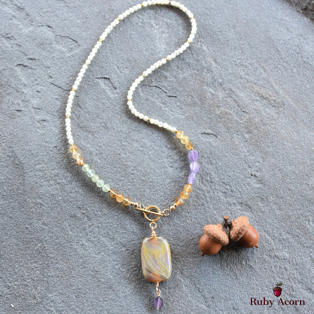 Aphrodite Handmade Beaded Necklace. Artisan Lampwork Glass, Citrine, Amethyst, Prehnite, Gold Filled Findings, Mother of Pearl