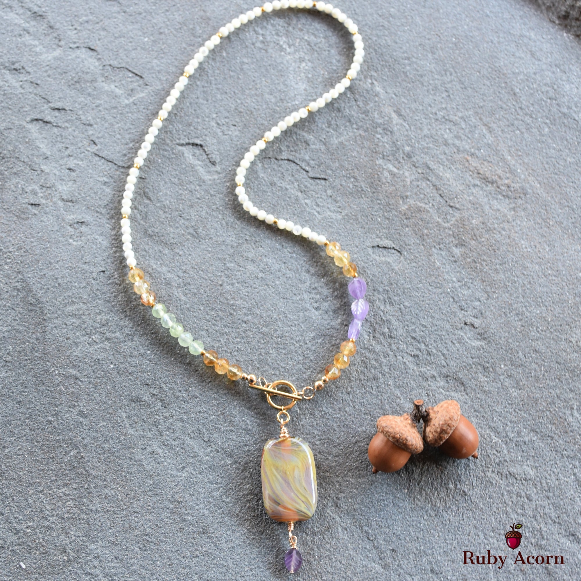 Aphrodite Handmade Beaded Necklace. Artisan Lampwork Glass, Citrine, Amethyst, Prehnite, Gold Filled Findings, Mother of Pearl
