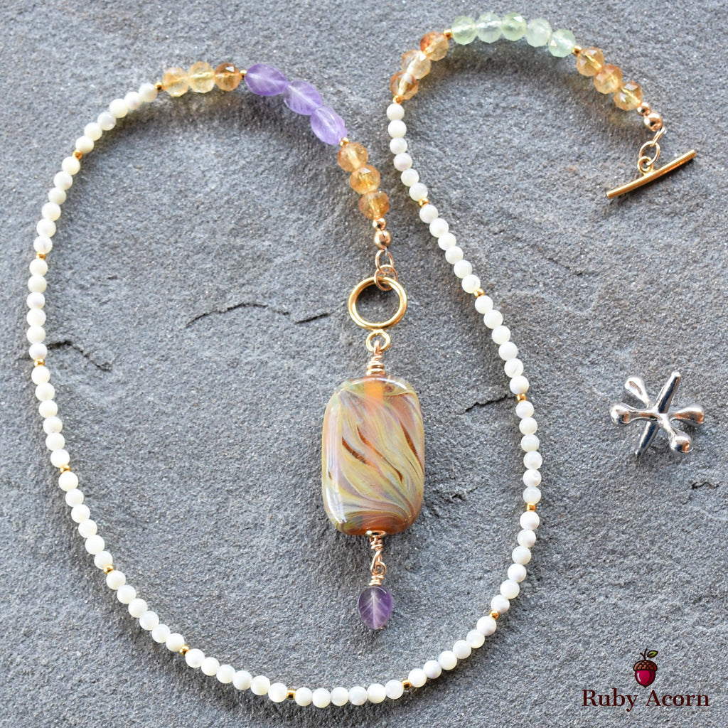 Aphrodite Handmade Beaded Necklace. Artisan Lampwork Glass, Citrine, Amethyst, Prehnite, Gold Filled Findings, Mother of Pearl