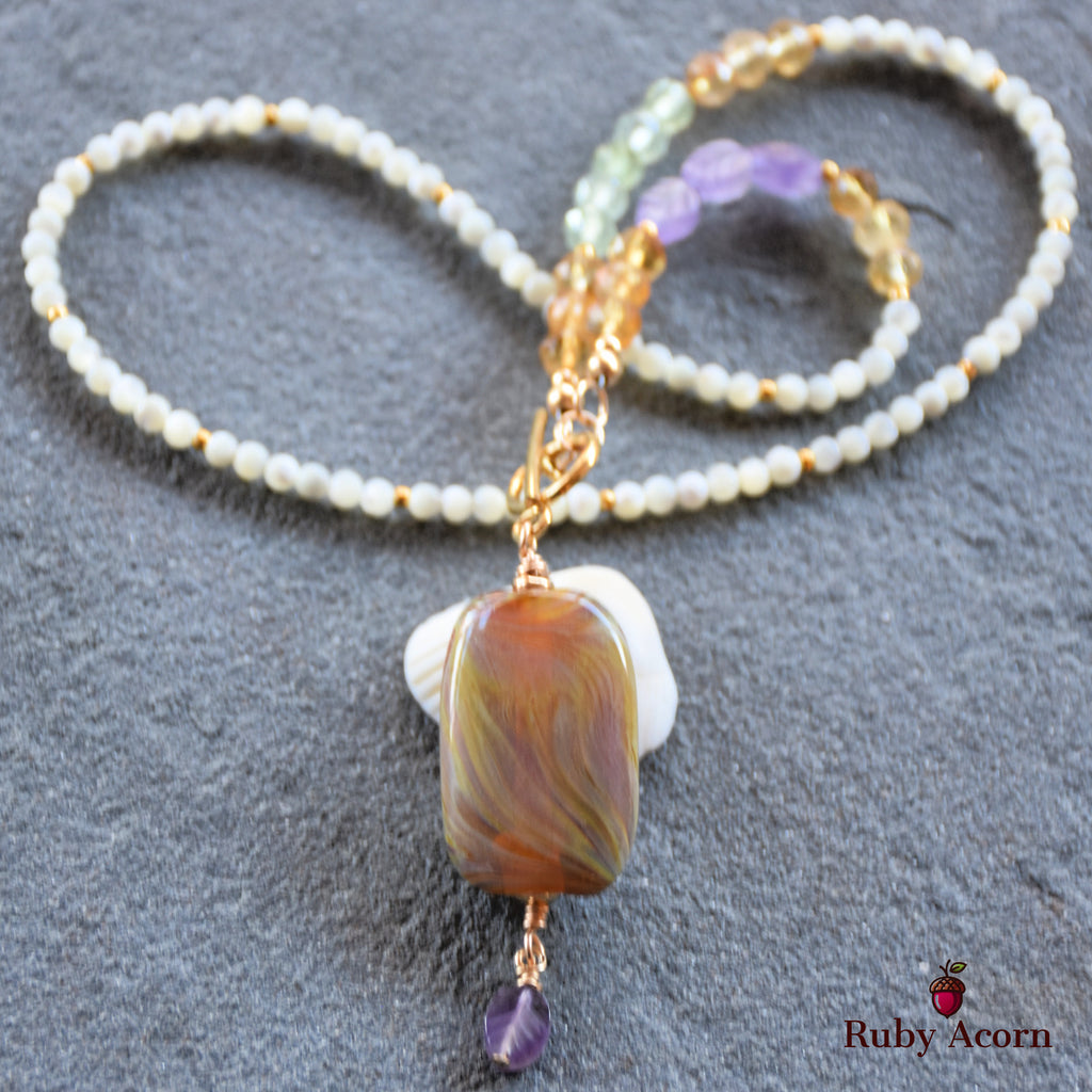 Aphrodite Handmade Beaded Necklace. Artisan Lampwork Glass, Citrine, Amethyst, Prehnite, Gold Filled Findings, Mother of Pearl